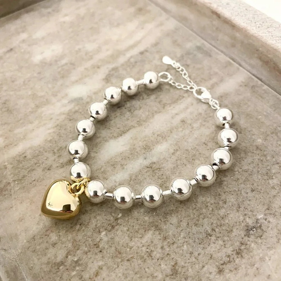 925 Sterling Silver Bead Bracelet Two Tone Chunky Heart Bracelet Dangle Heart - Picture 3 of 3